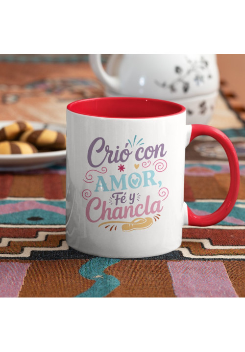 LOTE CAMISETA Y TAZA CRIÓ CON AMOR, FÉ Y CHANCLA
