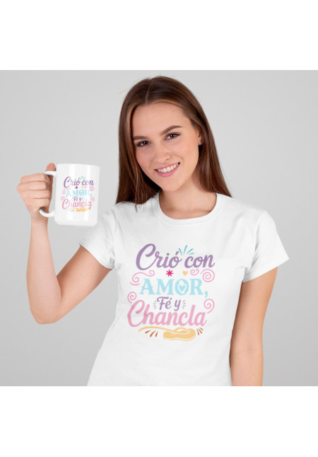 LOTE CAMISETA Y TAZA CRIÓ CON AMOR, FÉ Y CHANCLA