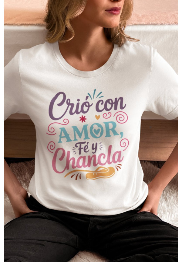 LOTE CAMISETA Y TAZA CRIÓ CON AMOR, FÉ Y CHANCLA